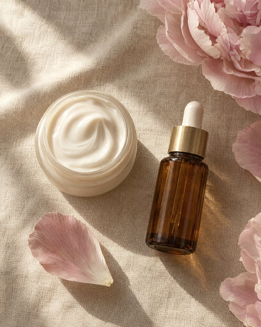 Ein geöffneter Tiegel mit heller Creme, eine braune Glasflasche mit Pipette, Blüten und Blütenblätter einer Pfingstrose auf Leinen