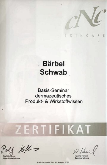 Zertifikat von CNC Skincare für Bärbel Schwab: Basis-Seminar dermazeutisches Produkt- und Wirkstoffwissen