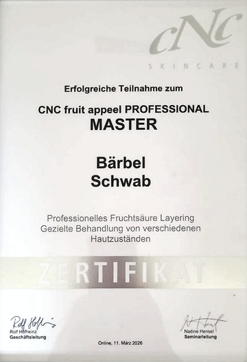 Zertifikat von CNC Skincare für Bärbel Schwab: fruit appeel Professional Master, professionelles Fruchtsäure-Layering