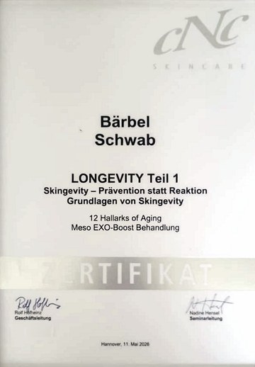 Zertifikat von CNC Skincare für Bärbel Schwab: Longevity Teil 1, Grundlagen von Skingevity