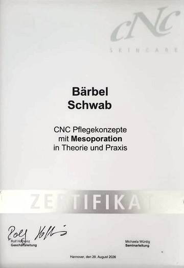 Zertifikat von CNC Skincare für Bärbel Schwab: Pflegekonzepte mit Mesoporation in Theorie und Praxis