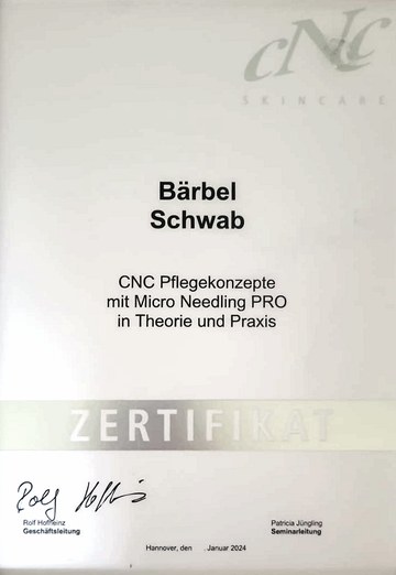 Zertifikat von CNC Skincare für Bärbel Schwab: Pflegekonzepte mit Micro Needling PRO in Theorie und Praxis