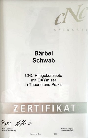 Zertifikat von CNC Skincare für Bärbel Schwab: Pflegekonzepte mit OXYmizer in Theorie und Praxis